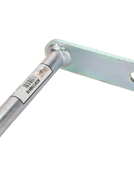 The AGCO | Pin - Acw1748410, a product by AGCO, consists of a metal bracket with a cylindrical rod attached to a flat rectangular base. It features a hole at the end for mounting purposes and has a label with a barcode affixed to the rod. No additional product description information is available beyond these details.