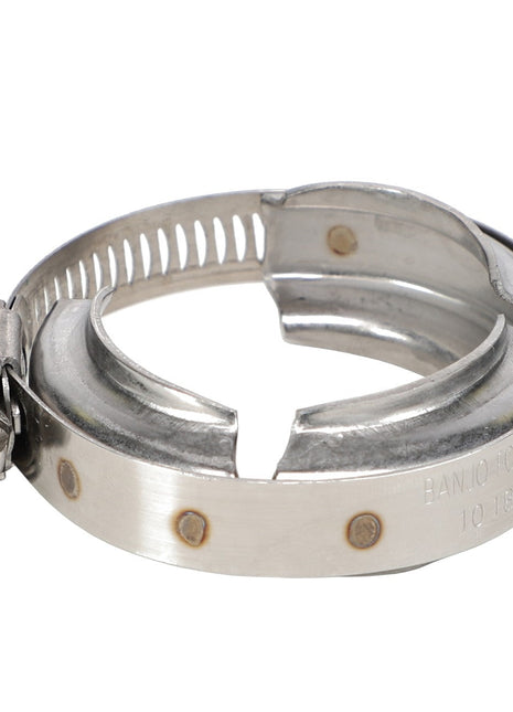A metallic cylindrical hose clamp with a screw mechanism for tightening, partially open, on a white background. Product: AGCO | Reducer Bush - Ag056778 by AGCO. No current product description available.