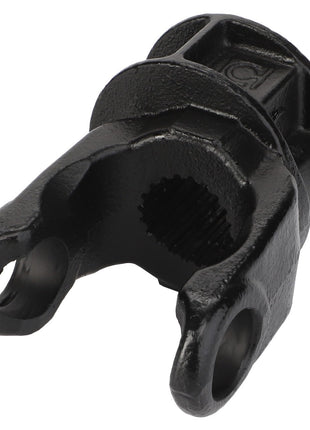 The AGCO | Fixing Fork - Fel103213 is a black metal U-joint component that features two circular openings at one end and a central grooved opening. No current product description is available.