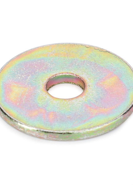 The AGCO | Disc - Fel140052 is a metallic flat washer with a circular hole in the center. It features an iridescent coating that displays shades of green, pink, and gold. No current product description is available for this distinctive finish from AGCO.