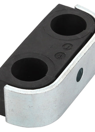 The AGCO | Clamp - Acx0133900 by AGCO is a metal and rubber cable clamp featuring two circular openings and a rectangular base. No current product description information is available for this item.