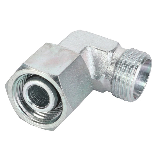 The AGCO Swivel Elbow Fitting - Acw1755110 is a metal 90-degree elbow pipe fitting with a threaded end and hexagonal nut, ideal for use in Massey Ferguson Models.