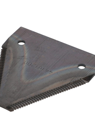 A triangular AGCO | KNIFE - D44101200 metal blade with fine serrations along the two slanted edges and two precisely drilled holes near the top corners.