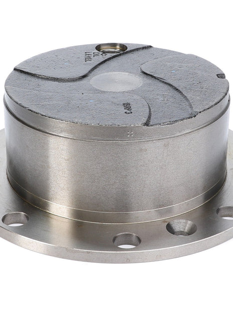 A close-up view of the AGCO Planetary Carrier - F334310020480, featuring a cylindrical metal flange crafted from heat-forged steel, with a flat, circular top and multiple bolt holes around the perimeter.