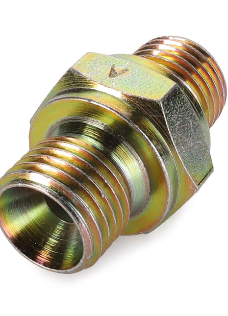 The AGCO | COUPLER - D49070031 is a metallic hexagonal pipe fitting with threaded ends, engineered for securely joining two different pipe sections.