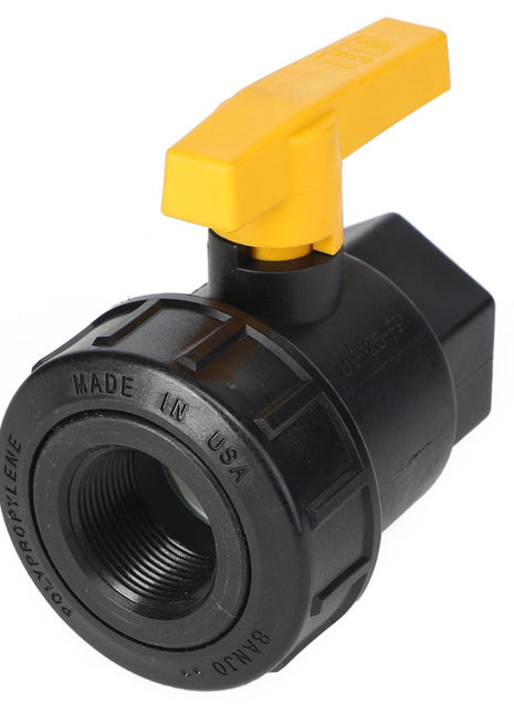 The AGCO | VALVE - AG050207 is a black polypropylene ball valve featuring a yellow handle. This valve is inscribed with "Made in USA" and "POLYPROPYLENE." For further details, our support team is available to assist you with product ordering.