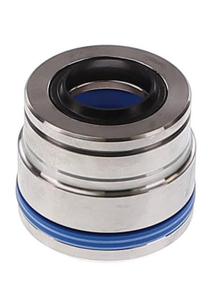 The AGCO | BEARING - AL12716111 is a cylindrical metal mechanical seal featuring a blue ring and durable rubber components, specifically designed to prevent leakage in pumps or rotating equipment.