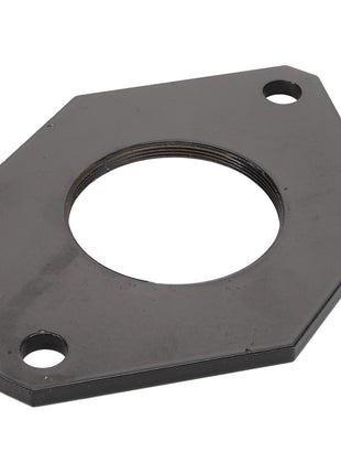Introducing the AGCO | Closing - 6211704M1 by AGCO: a black hexagonal metal flange with a central circular hole and two smaller holes on adjacent corners, delivering a reliable foundation for a variety of mechanical applications.