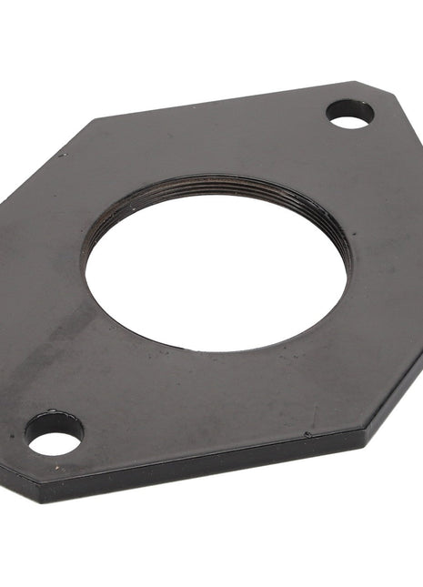 Introducing the AGCO | Closing - 6211704M1 by AGCO: a black hexagonal metal flange with a central circular hole and two smaller holes on adjacent corners, delivering a reliable foundation for a variety of mechanical applications.