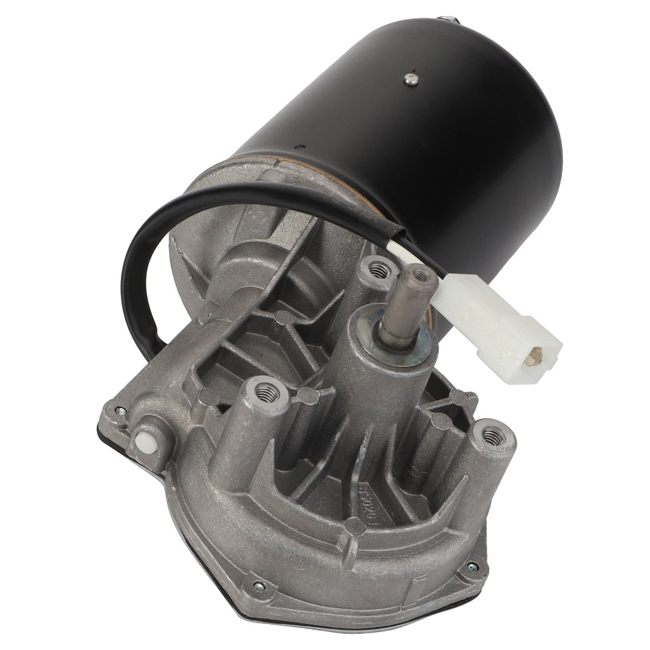 Close-up of the AGCO | Electric Motor - Acx2407450 assembly with wires and a white connector, showcasing its metallic housing and a black cylindrical component on top.