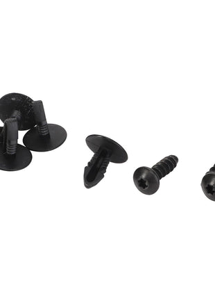 No current product description available for AGCO's Small Parts Kit - F339500030420, which includes assorted black fasteners featuring five push rivets and two screws.