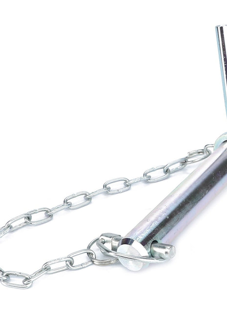 There is currently no product description available for the AGCO Pin - Acp0322370, which is a cylindrical metal pin featuring a right-angle handle attached to a chain.