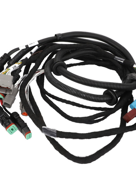 The AGCO | Harness - Acw2327690, a coiled automotive wiring harness from AGCO, includes multiple connectors with green, blue, grey, and red plugs. It features black protective casing on various wire segments to ensure machinery reliability. Enhanced by AGCO Parts Genuine Electrics, these electrical parts guarantee robust performance.