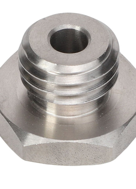Product Description: The AGCO REDUCER BUSH - AG519525 is a metallic threaded fitting featuring a central hole, a hexagonal base, and a cylindrical top section. This product is manufactured by the renowned brand AGCO.