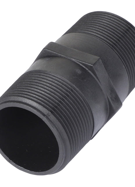The AGCO PLUG - AG610712 is a durable black plastic threaded pipe fitting with external threading on both ends, perfect for securely joining pipes in any plumbing system.