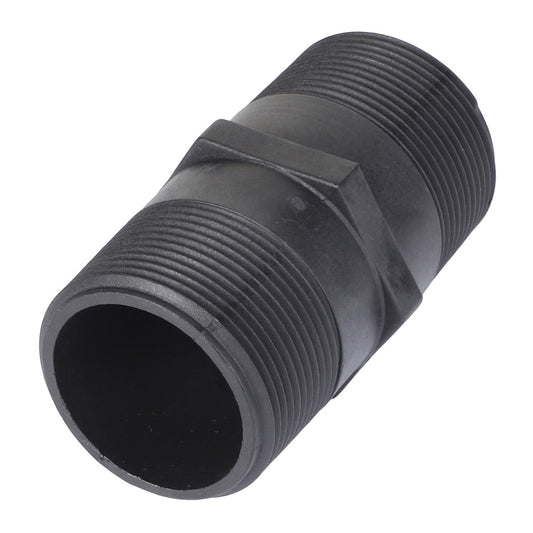 The AGCO PLUG - AG610712 is a durable black plastic threaded pipe fitting with external threading on both ends, perfect for securely joining pipes in any plumbing system.