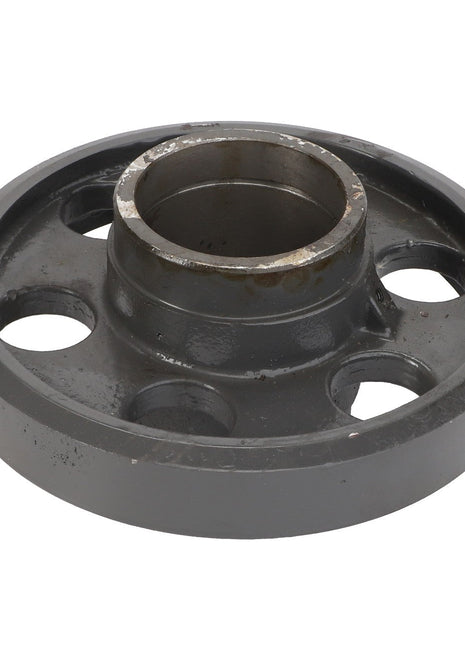 The AGCO | PULLEY - ACY1100290 is a circular gray metal component featuring a central hole and multiple smaller circular cutouts, designed for use in machinery or engineering applications.