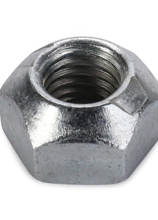 Close-up of an AGCO HEX LOCKNUT - CH6V-7744, a silver hexagonal locknut, set against a pristine white background.