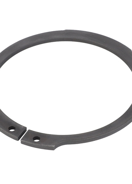 The AGCO | CIRCLIP - D42505500, a black metal circlip with flat ends and two small holes near its opening, is displayed on a white background, showcasing its durable design.