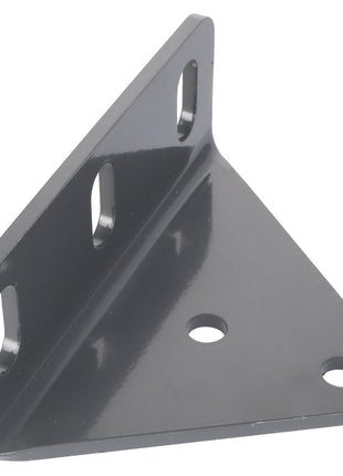 The AGCO | BRACKET - AG130130 by AGCO is a metal L-bracket featuring three oblong slots and two circular holes for mounting, with a highly reflective surface.