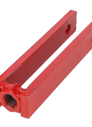 The AGCO Adjustment Link - Ba6078 is a robust, red U-shaped metal bracket that includes a threaded hole at one end and two bolt holes along the sides.