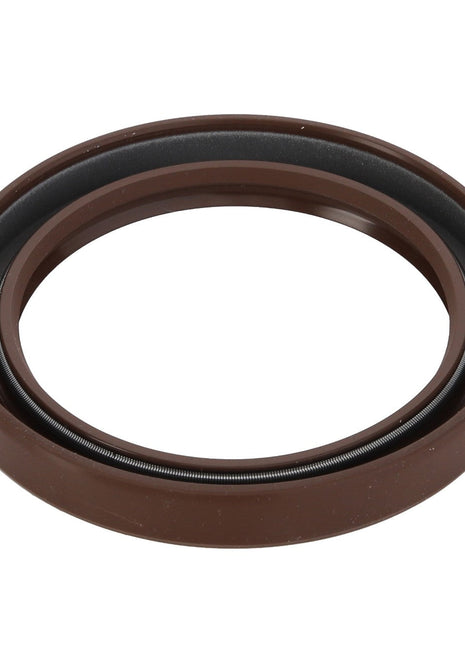 The AGCO Oil Seal - 0.010.2655.1 is a brown circular gasket featuring a metal spring component inside, designed for sealing applications to ensure top performance and reliability.