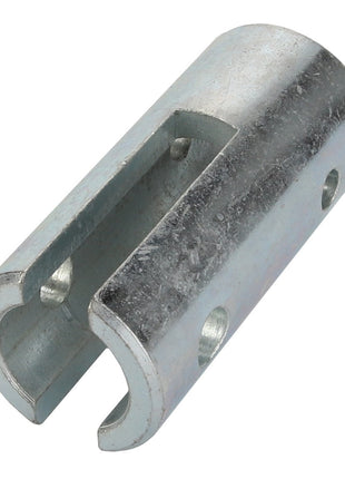 A metallic c-shaped sleeve with two holes on one side and a slot opening along its length, known as the AGCO YOKE - D28285126 by the brand AGCO. No current product description information available.