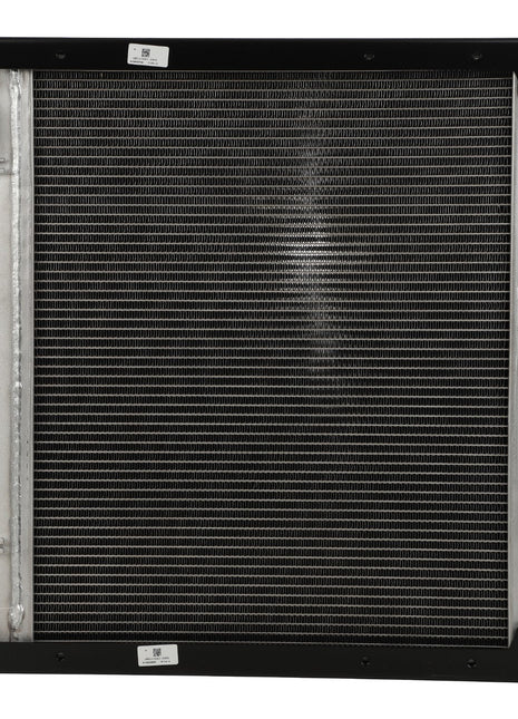 AGCO's Radiator, No Cap - Acw043462A, a metal car radiator with vertical rows of cooling fins and two hose connections on both the left and right sides, is integral to the engine's cooling system.