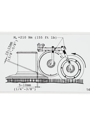 Technical diagram illustrating measurements for the AGCO Decal - Fel141351 rotating part assembly, featuring a specified torque of 210 Nm (155 ft-lb) and other dimensions labeled in mm and inches. Product description is currently unavailable.