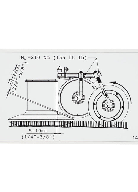 Technical diagram illustrating measurements for the AGCO Decal - Fel141351 rotating part assembly, featuring a specified torque of 210 Nm (155 ft-lb) and other dimensions labeled in mm and inches. Product description is currently unavailable.