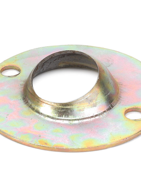 The AGCO SEALING HOLDER - V30930500 is a metal flange featuring a central hole and two smaller holes for mounting. It has a slightly conical shape and a highly reflective surface.
