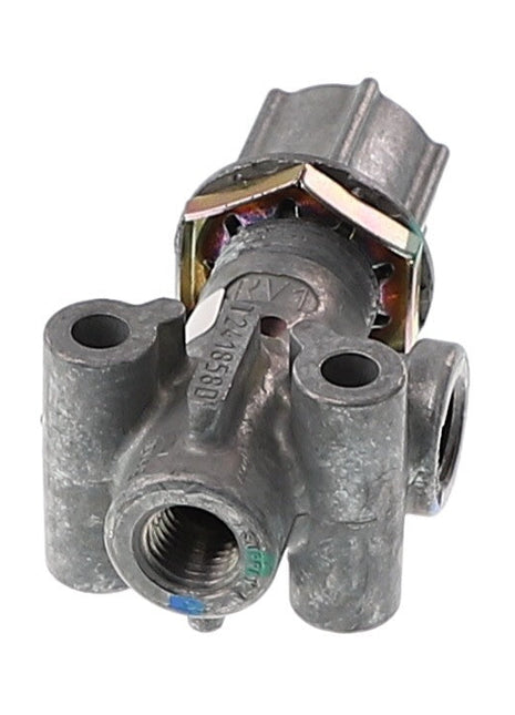 Close-up of the AGCO PRESSURE REDUCING VALVE - AG517105, a metal industrial valve featuring multiple ports and a threaded connection for controlling fluid flow in machinery. Currently, no additional product description information is available.