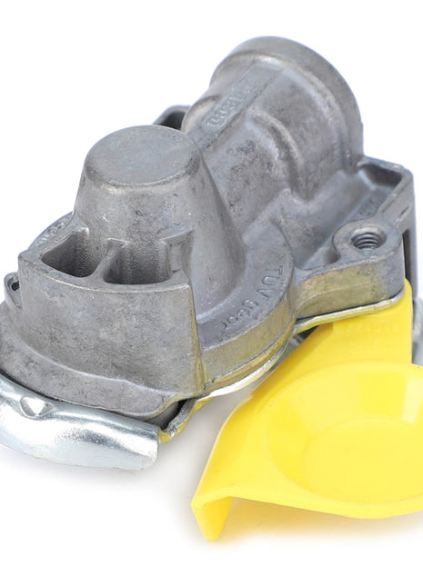 The AGCO Clutch Head - F278880020110 features a metallic foot valve with a yellow hand grip, meticulously designed for truck air brake systems. Note: No current product description available.
