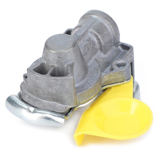 The AGCO Clutch Head - F278880020110 features a metallic foot valve with a yellow hand grip, meticulously designed for truck air brake systems. Note: No current product description available.