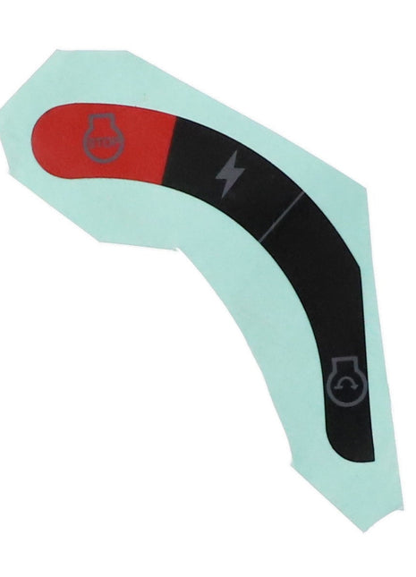 The AGCO Decal - Acp0374270 by AGCO is a translucent curved decal featuring red, black, and green sections with icons of a bell, a lightning bolt, and a fuel pump.