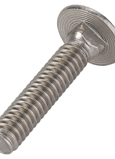 A close-up image of an AGCO Round Head Square Neck Carriage Bolt - Acp0007030, featuring a metal threaded shaft and a rounded, flat head. No Current Product Description Available.