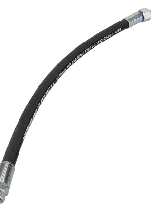 The AGCO | Hydr. Hose - Acw0490760 is a flexible black hydraulic hose with metal fittings on both ends.