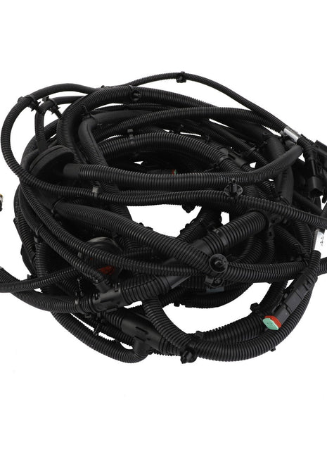 The AGCO Harness - Acw7361430 is a coiled black wire harness featuring various connectors and attached labels, designed for bundling and routing electrical wires in machinery or vehicles. Currently, no additional product description information is available.