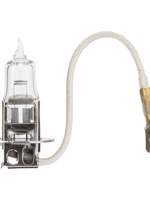 The AGCO | BULB - AG133566, a clear halogen bulb with a white insulated wire and a metal terminal connector, is offered by AGCO, but no current product description information is available.