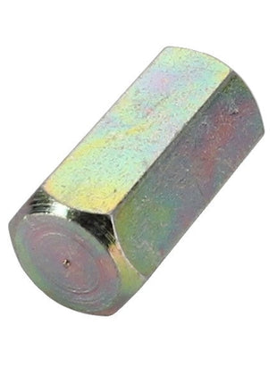 Close-up image of the AGCO | Bolt - F275500030280, a cylindrical metal spacer with a hexagonal cross-section, featuring a threaded hole on one end. No current product description available.