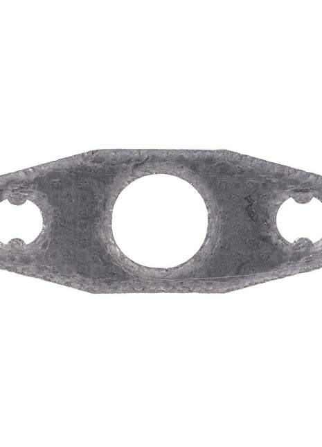 The AGCO | Gasket - Acw3397620, precision-engineered by AGCO, features a central circular hole complemented by two smaller circular holes on either side.