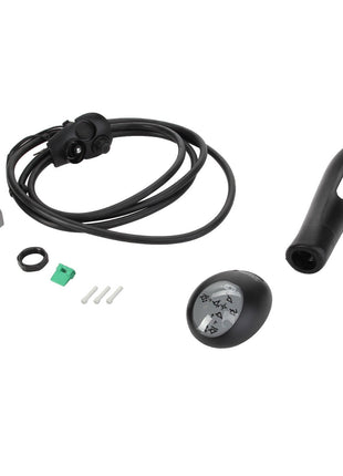 This image showcases the AGCO | KNOB - AL5021042, a bicycle shifter set featuring a shifter cable with housing, lever, adjustment ring, green connector, and three small white plastic pieces. Please note that no current product description information available captures all specific details.
