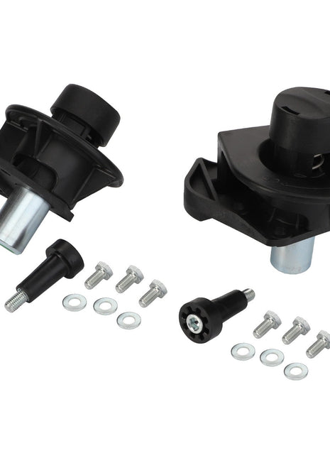 Two black plastic automotive parts with metallic components from AGCO's KIT - AL60008017 are displayed on a white background, along with three mounting bolts, six washers, and additional fittings. Currently, no product description information is available.