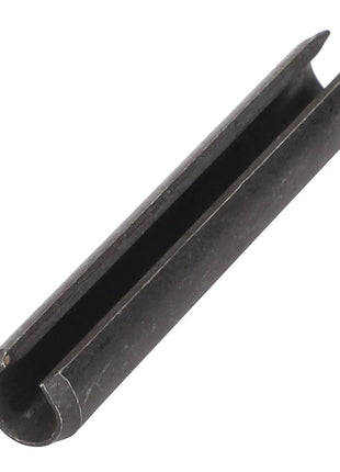 The AGCO Roll Pin - F743300021880 is a black, cylindrical metal pin featuring an open slot running along its length.