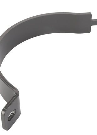 The AGCO Holding Strap Ring - Acw1170350 is a black metal clamp with a curved shape and a hook on one end, featuring a hole for fastening at the other end. Further product description information is currently unavailable.