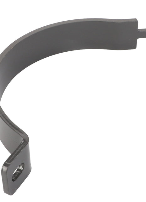 The AGCO Holding Strap Ring - Acw1170350 is a black metal clamp with a curved shape and a hook on one end, featuring a hole for fastening at the other end. Further product description information is currently unavailable.