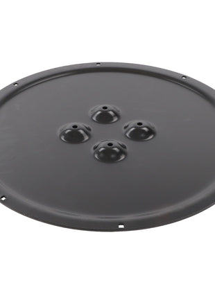 The AGCO | Backing Pad - Fel140310 is a round, black metal cover featuring four raised circular protrusions at its center and small holes neatly arrayed around the edge.