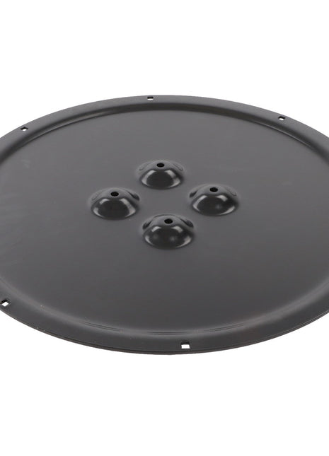 The AGCO | Backing Pad - Fel140310 is a round, black metal cover featuring four raised circular protrusions at its center and small holes neatly arrayed around the edge.