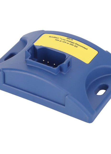 The AGCO Connector, Low Voltage - Acx2572920 is a blue plastic electronic device featuring a rectangular housing and a label on top. It includes a connector port and two mounting holes on either side. Although it is a new addition, there is currently no product description available for this device.