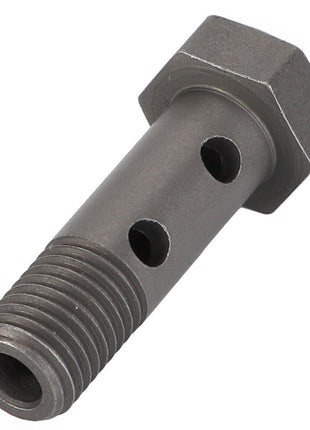 Close-up view of the AGCO Banjo Bolt - F395200710120 with threading on one end and two holes across its shaft. No current product description available.